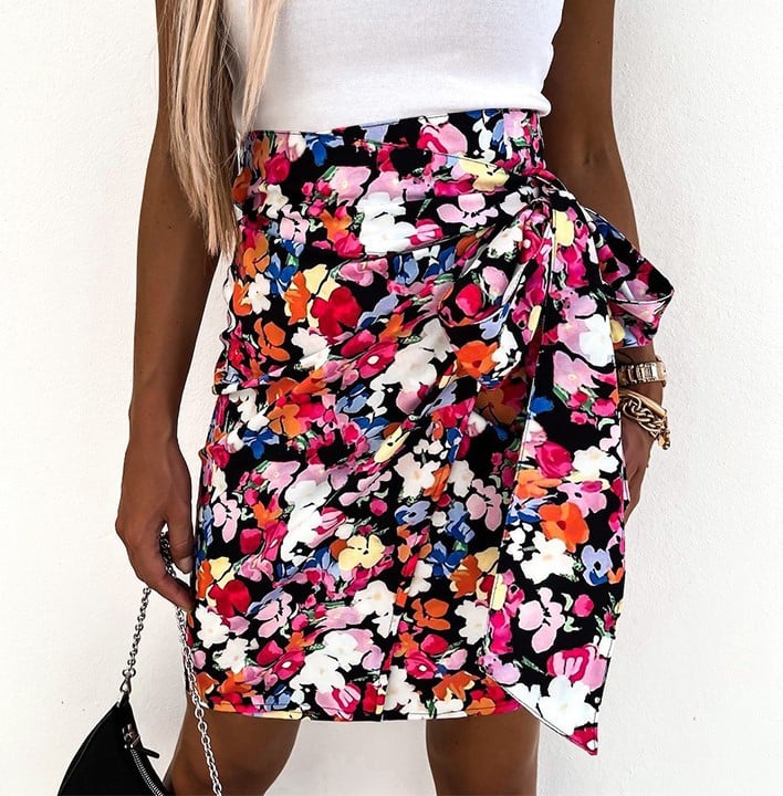 High Waist Irregular Floral Slim Skirt