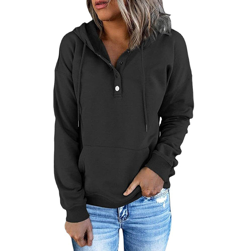 Solid Color Button Hoodie Pocket Sweatshirt