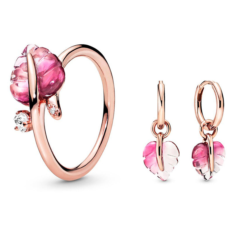 Pink Murano Leaf Ring and Earring Set in Rose Gold