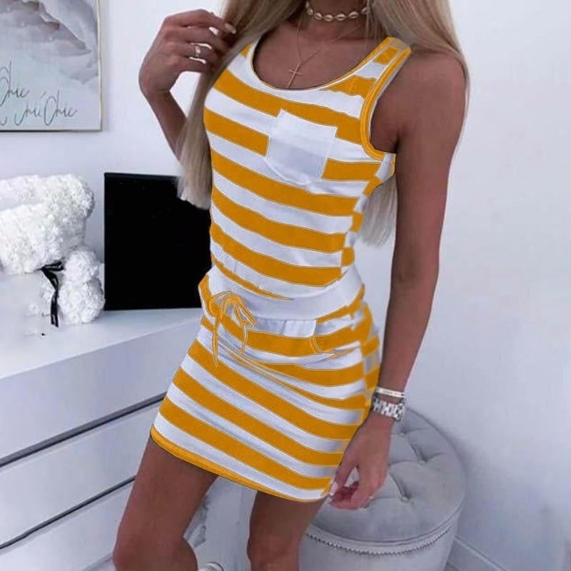 Striped Print Bag Hip Dress with Round Neck