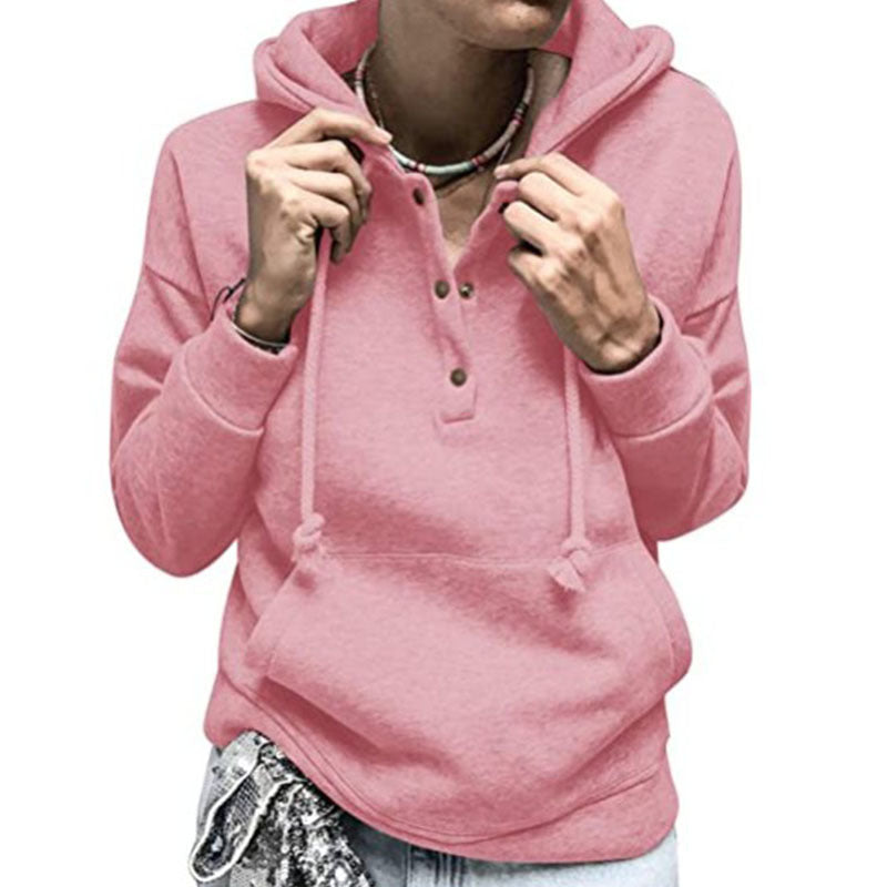 Solid Color Button Hoodie Pocket Sweatshirt