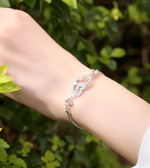 925 Silver Crystal Double Heart Bracelet