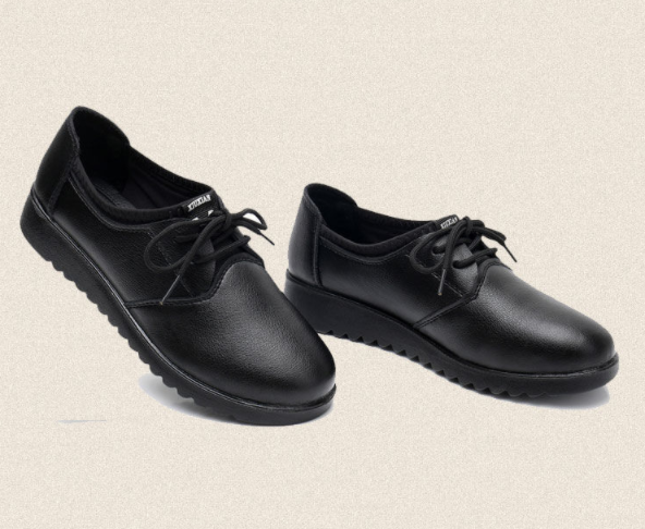 Women's Work Shoes, Flat Black Leather Shoes