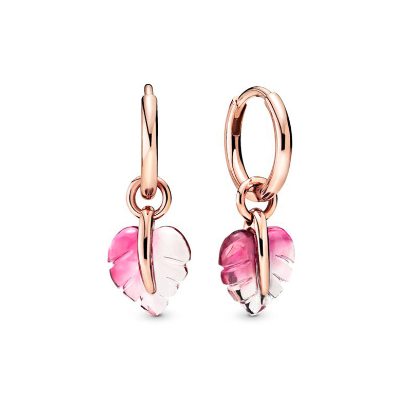 Pink Murano Leaf Ring and Earring Set in Rose Gold