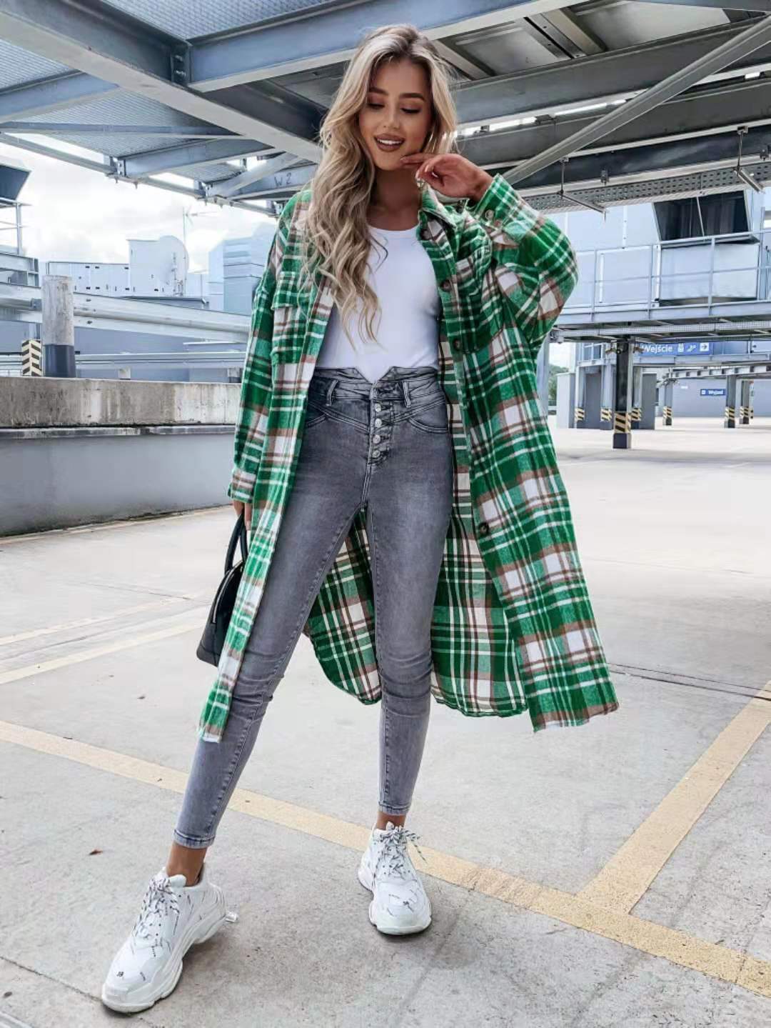 Women's Lengthened Plaid Shirt Jacket - New Style