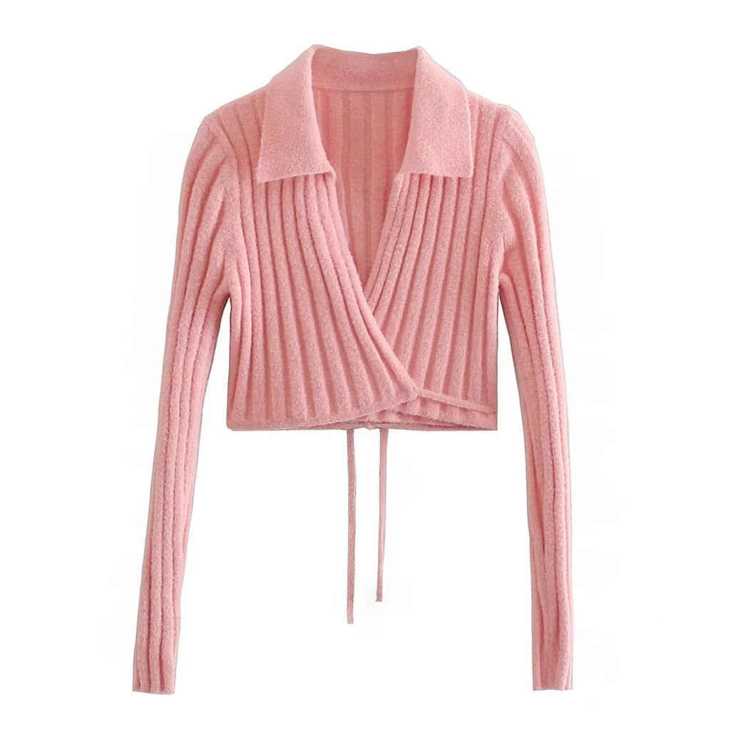 Spring Deep V-Neck Tie Long Sleeve Knitted Cardigan