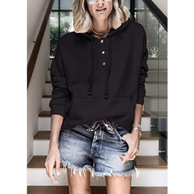 Solid Color Button Hoodie Pocket Sweatshirt