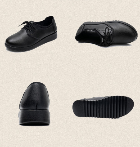 Women's Work Shoes, Flat Black Leather Shoes