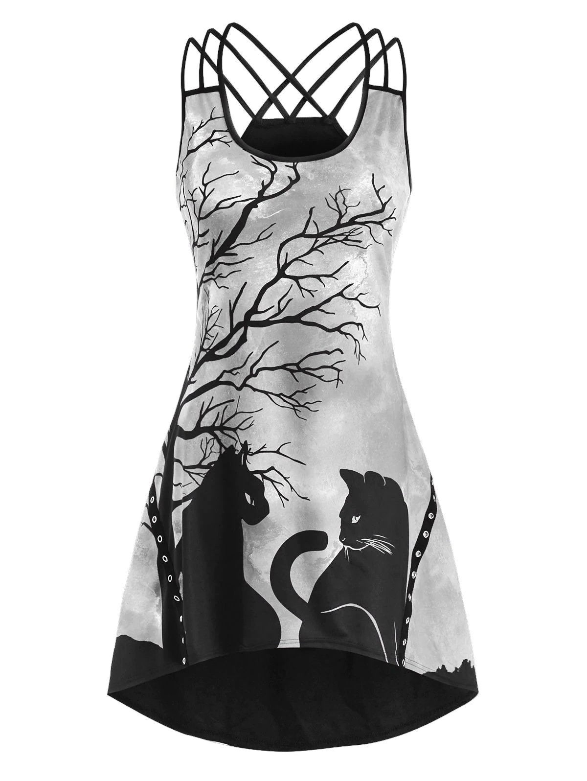 Halloween Black Cat Print Sleeveless Dress