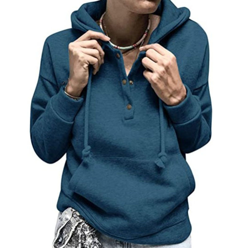 Solid Color Button Hoodie Pocket Sweatshirt