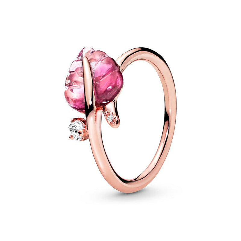 Pink Murano Leaf Ring and Earring Set in Rose Gold