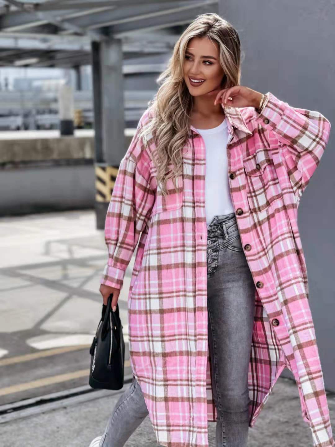 Women's Lengthened Plaid Shirt Jacket - New Style