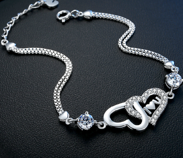 925 Silver Crystal Double Heart Bracelet
