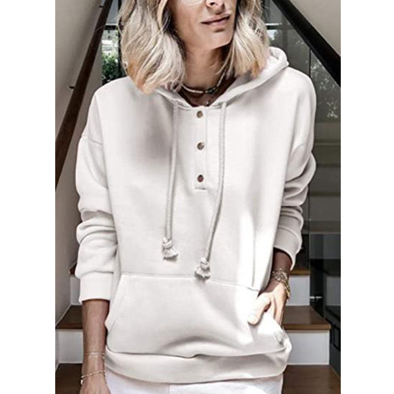 Solid Color Button Hoodie Pocket Sweatshirt