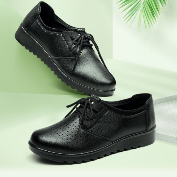Women's Work Shoes, Flat Black Leather Shoes